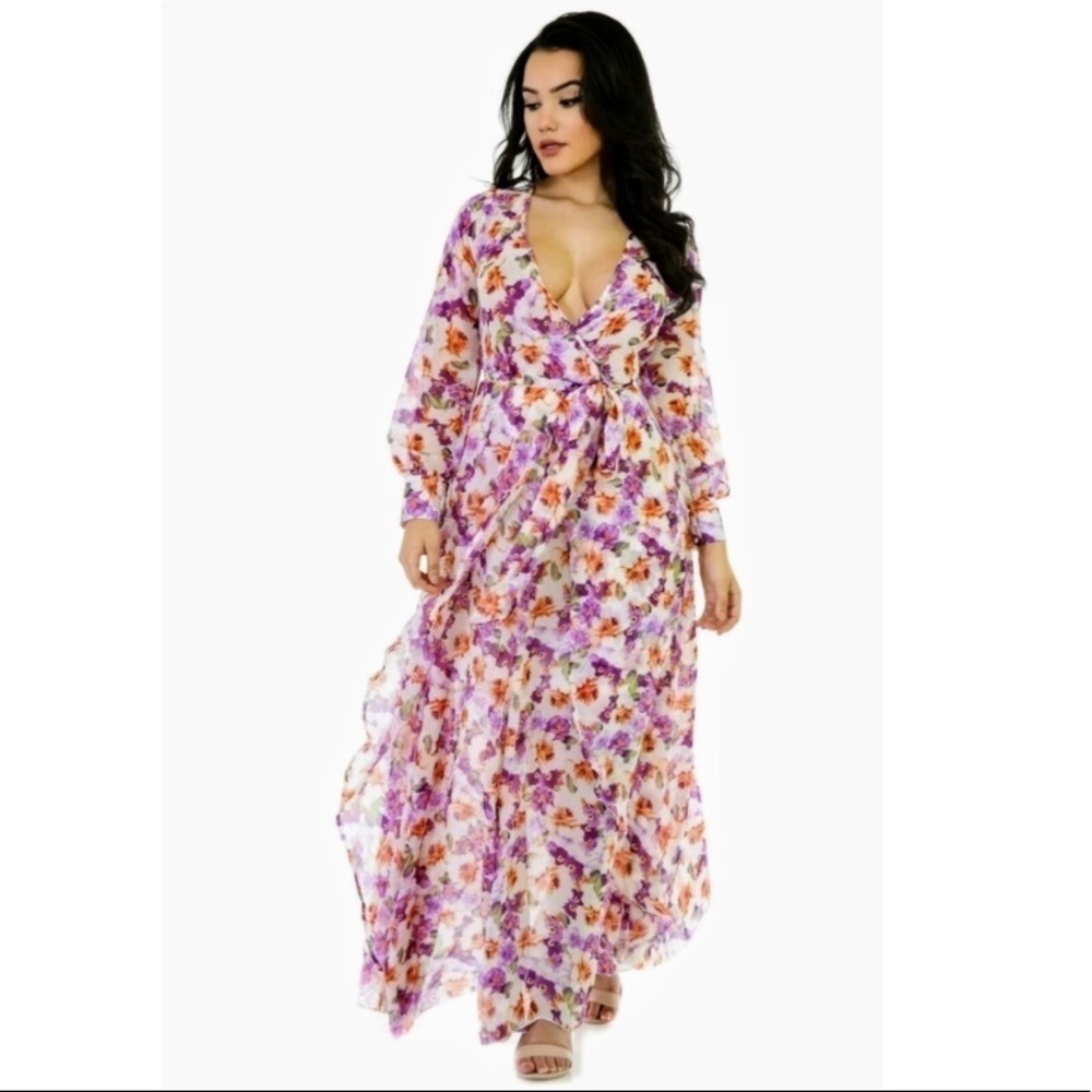 New Xtaren Sheer Floral Layered Long Sleeve Maxi Dress Purple Orange Sz Medium